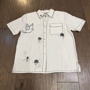 Liz Baker Essentials Cream Dove Print Button Up Shirt Women Size‎ Medium